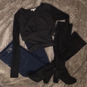 Black mesh sleeve crop top